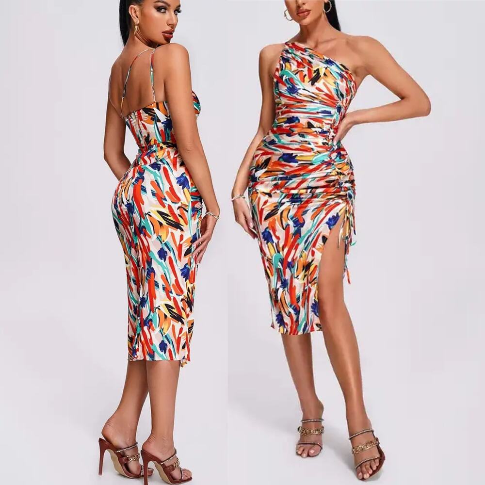 NWT Bella Barnett Ruched Abstract Print One Shoulder Leg Slit Midi Dress Small